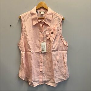 NWT Edward Woman 2X Linen Button Shirt Top Pink Flower appliqué beaded